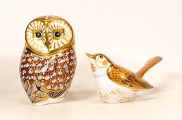 Royal Crown Derby Paperweights Barn Owl & Nightingale, boxed , gold stopper(2)