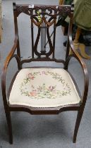 Gilberts of Swindon, A Lyre Back Marquetry Inlaid Armchair, Two Tone Back with lighter wood