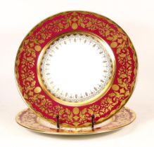 De Lamerie Fine Bone China heavily gilded Burgundy Aphrodite patterned Plates, specially made high