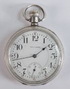 Sterling silver Waltham Vanguard gents open face keyless pocket watch, winds, ticks, sets & runs.