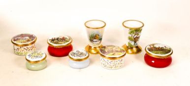 A collection of Kingsley enamels to include primrose and violets round lidded box, two large round