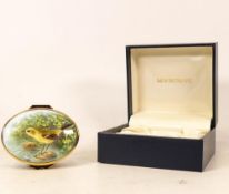 Moorcroft enamel Yellow wagtail oval lidded box by Terry Halloran, Limited edition 21/50. Boxed with