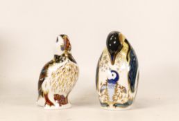Royal Crown Derby paperweight, Penguin and Chick and Puffin. Gold stoppers, Boxed (2)
