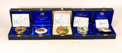 Five limited edition Kingsley enamels by Terry Halloran to include round kingfisher lidded box 84/