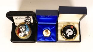 Three Kingsley enamelled boxes to include Phantom of the Opera, Les Misiables and teddy. All