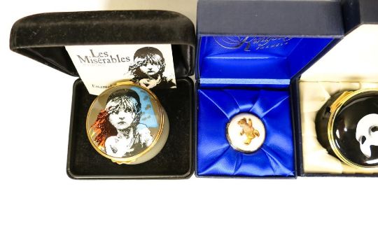 Three Kingsley enamelled boxes to include Phantom of the Opera, Les Misiables and teddy. All - Image 2 of 3