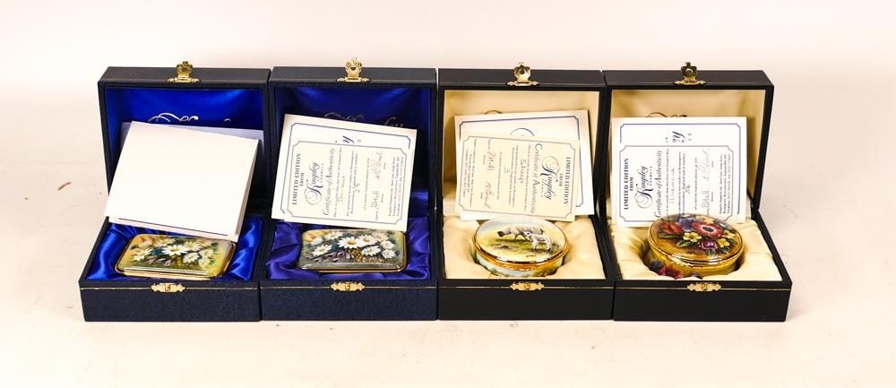 Four limited edition Kingsley enamels to include two rectangular daisies lidded boxes 23/250 and 6/