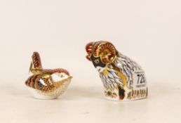 Royal crown Derby paperweights Derby Ram, Visitor's Centre exclusive and Derby wren, gold stopper,
