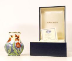 Moorcroft enamel Poppies vase by Fiona Bakewell , Limited edition 78/100. Boxed with certificate.
