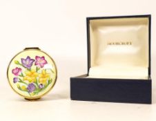 Moorcroft enamel Floral round lidded box by Amanda Rose , Trial piece dated 23/10/01. Boxed,