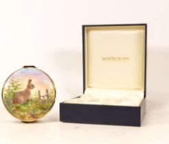 Moorcroft enamel Rabbits round lidded box by Terry Halloran, Limited edition 20/100. Boxed with