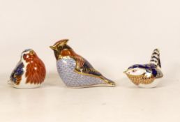 Three Royal Crown Derby paperweights, Waxwing, Robin & Wren, gold stopper, boxed(3)