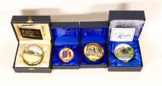 Four Kingsley enamelled boxes to include Epson weighing room, Teddy king & Queen, Sandringham and