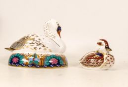 Two Royal Crown Derby paperweights, Swan and sitting duckling, gold stopper, boxed(2)