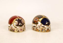 Royal Crown Derby Paperweights 2 Spot Ladybird & Blue Ladybird, boxed, gold stoppers(2)