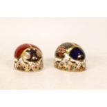 Royal Crown Derby Paperweights 2 Spot Ladybird & Blue Ladybird, boxed, gold stoppers(2)