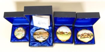 Four Kingsley enamelled boxes to include Ann Hathaway's cottage, Stamford University, Ashren