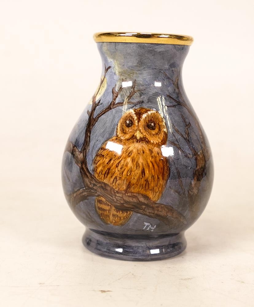 Moorcroft enamel Tawny Owl vase by Terry Halloran, Limited edition number 48. Boxed with - Image 2 of 5