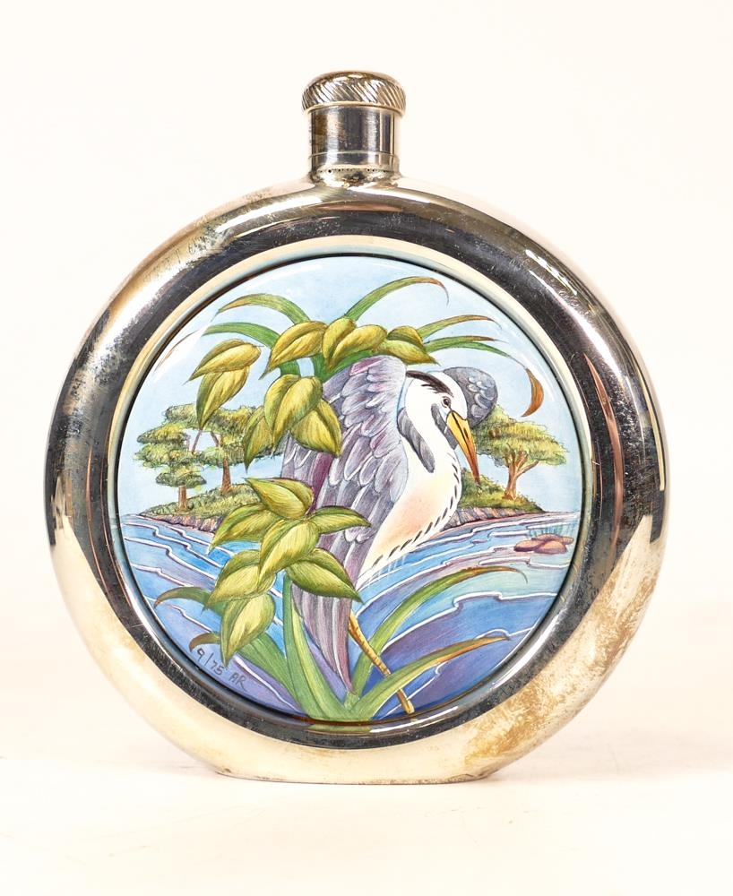 Moorcroft enamel and silver Heron hip flask by Amanda Rose , Limited9/75 edition . Boxed with - Image 2 of 4