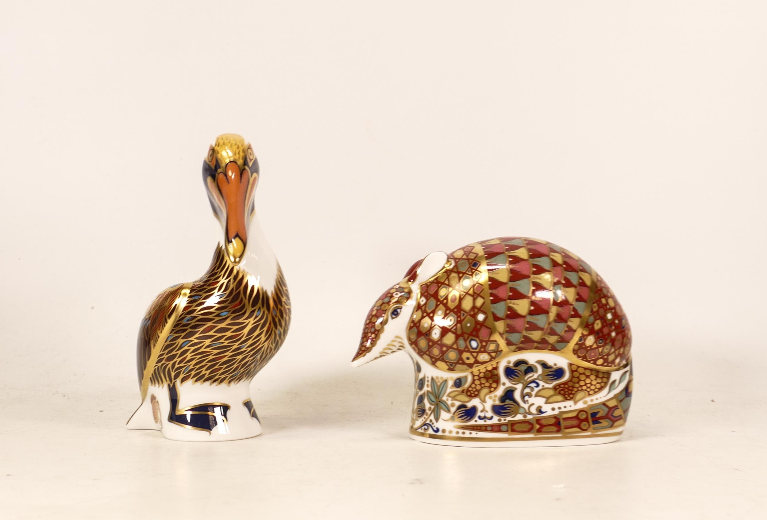 Royal Crown Derby Paperweights Brown Pelican & Armadillo(2)