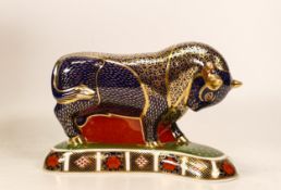 Royal Crown Derby paperweight, Bull, gold stopper, boxed