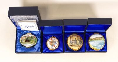 Four Kingsley enamelled boxes to include Sandringham , King & Queen, Epson weighing room and
