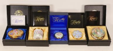 Five Kingsley enamelled boxes to include Secret Garden, blue floral, lily, Basket of fruit and