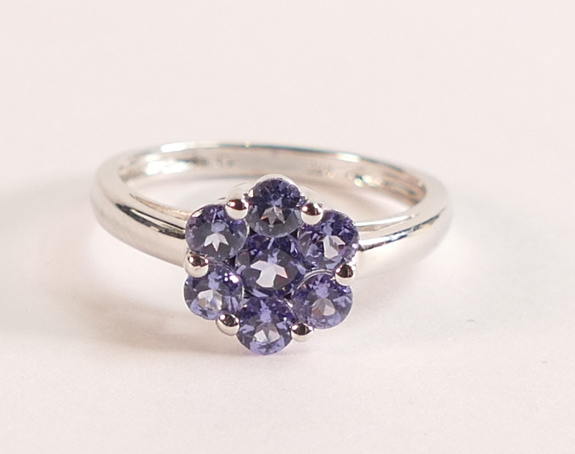 10ct White Gold and Tanzanite Daisy Cluster Ring - There are seven brilliant cut Tanzanite fashioned