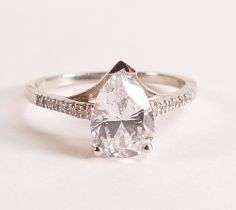10ct White Gold Diamond shouldered Ring Stamped 10K - Large pear drop shaped CZ, Genuine Diamond