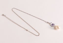 Pearl & Tanzanite Pendant Necklace in 9ct 375 White Gold Two gemstones, total 4.5 ct. Solid 9ct