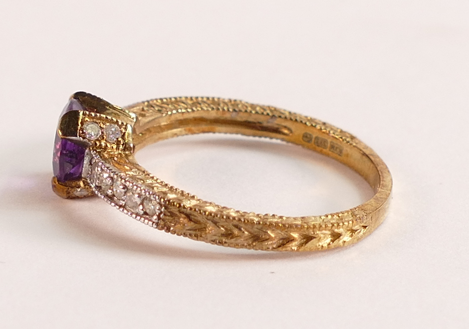 Amethyst & Diamond Renaissance Ring - handcrafted in solid 9 carat gold. Single 1.5 ct amethyst, - Image 2 of 3