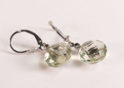 Green Amethyst & Diamond Olive Leaf Drop Earrings in 375 9ct White Gold. Green amethyst & diamond