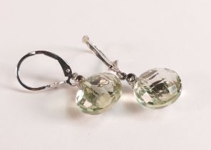 Green Amethyst & Diamond Olive Leaf Drop Earrings in 375 9ct White Gold. Green amethyst & diamond