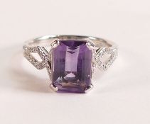 9ct White Gold Ring With Amethyst And Diamonds Emerald cut Amethyst ring - 4 claw set diamond set