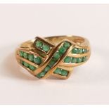 9ct Gold and Emerald Cross Over Ring - There are twenty five brilliant cut natural Emeralds,