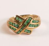 9ct Gold and Emerald Cross Over Ring - There are twenty five brilliant cut natural Emeralds,