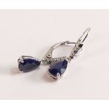 9ct White Gold Sapphire and Diamond Earrings - The tear drop deep blue Sapphire measures 9.5mm by