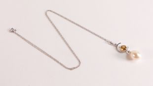 Pearl & Citrine Pendant Necklace in 9ct 375 White Gold. Two gemstones, total 4.5 ct. Solid 9ct white