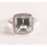 Platinum Ring With Clear Crystal Quartz and Diamonds - Crystal quartz measures 10.48mm by 10.48mm
