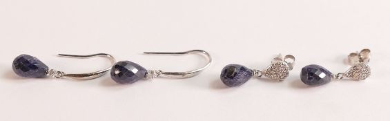 TWO PAIRS 9CT SAPPHIRE EARRINGS -Sapphire & Diamond Droplet Earrings in 9ct White Gold Sapphire &