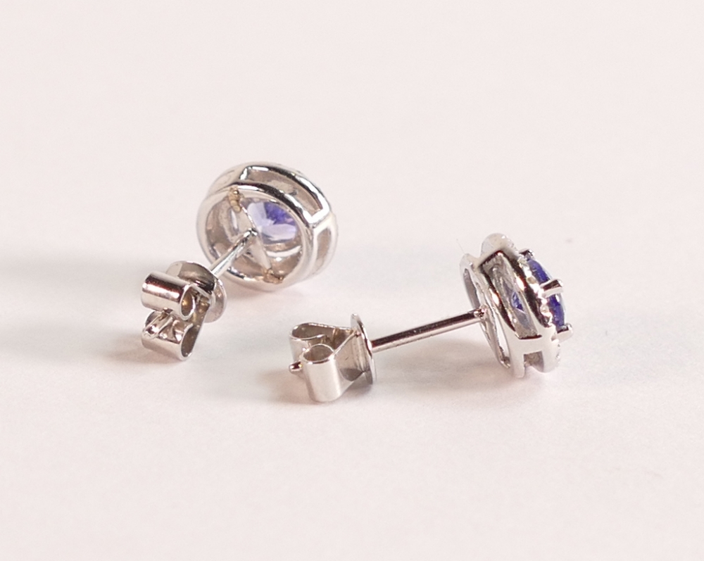 14ct White Gold oval Tanzanite and Diamond Halo Stud Earrings. Purple oval cut Tanzanite 4.8mm. - Image 2 of 2