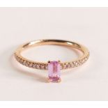 18ct Rose Gold Ring with Pink Sapphire and Diamond - The beautiful emerald cut Pink Sapphire