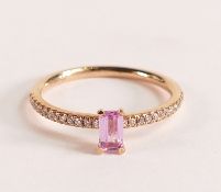 18ct Rose Gold Ring with Pink Sapphire and Diamond - The beautiful emerald cut Pink Sapphire