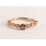 Fancy vivid yellow/brown natural diamond 18ct rose gold ring - This brilliant cut natural vivid