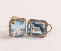 Blue Topaz & Diamond French Clip Halo Earrings in 9ct 375 Gold. Two genuine topaz, total 15.2 ct, 80