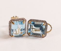 Blue Topaz & Diamond French Clip Halo Earrings in 9ct 375 Gold. Two genuine topaz, total 15.2 ct, 80