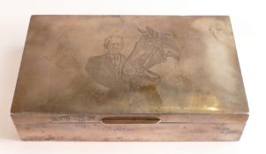 Hallmarked presentation silver cigarette box, gross weight 409.4g. Presentation plaque to inside