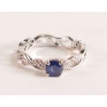 Sapphire ring with Diamond Vine Band - The brilliant cut Sapphire measures 5mm, approx carat