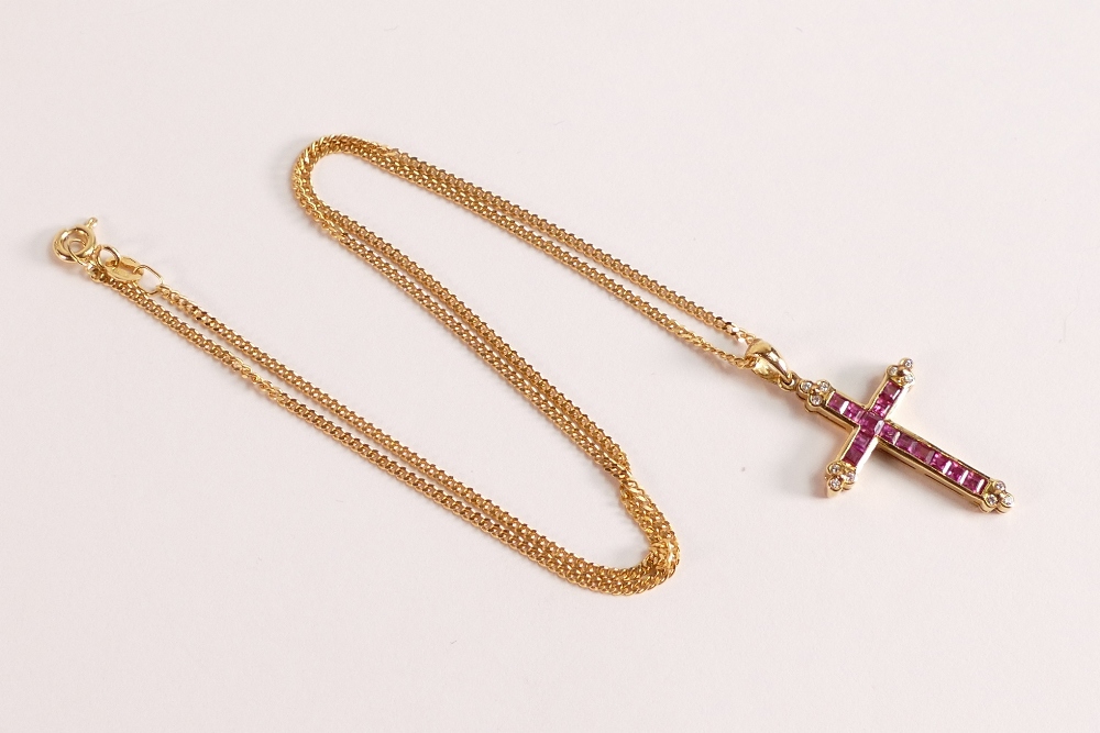 18ct yellow gold necklace with 18ct Cross, diamond and ruby 5.9 grams. - Image 2 of 2
