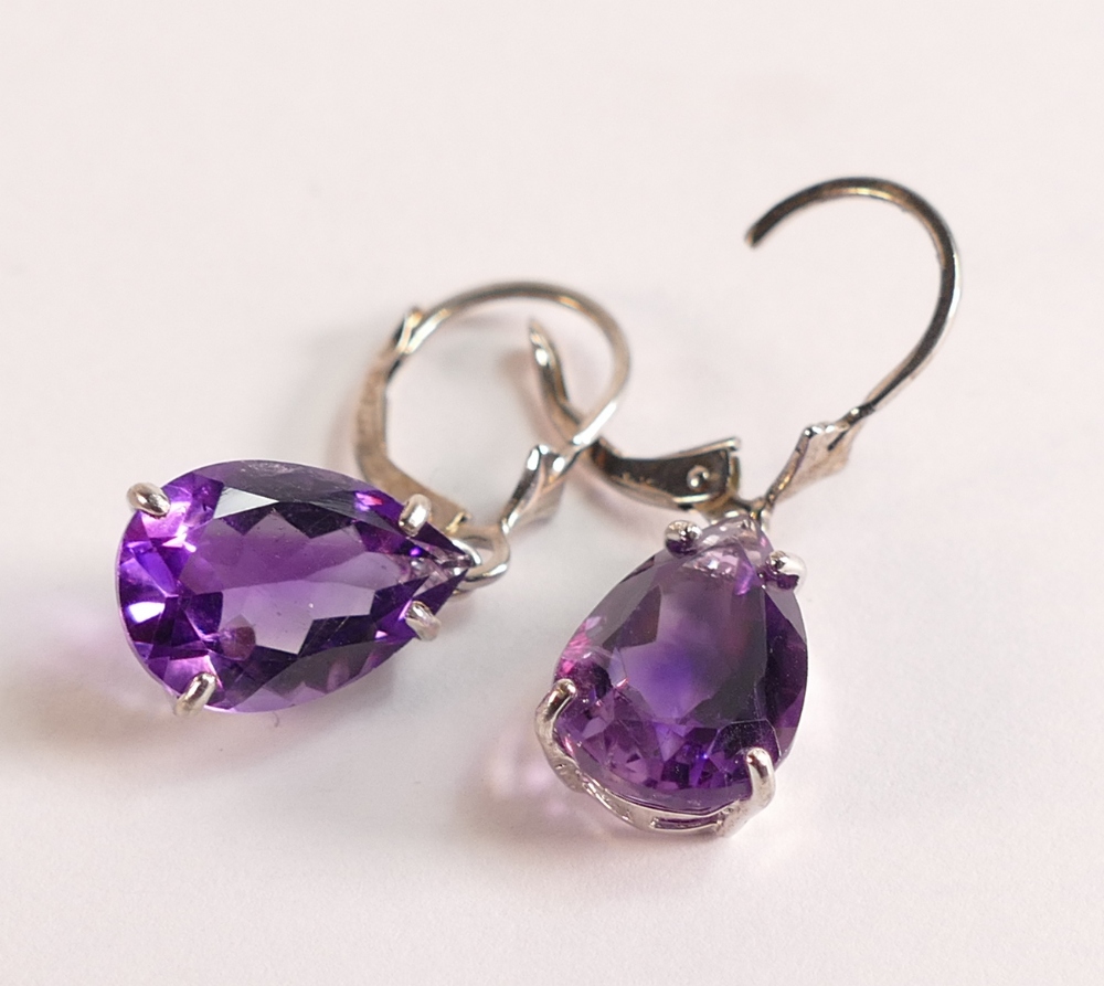 Amethyst Belle Drop Earrings 2.5 ctw in 375 9ct White Gold. Amethyst leverback earrings. Two